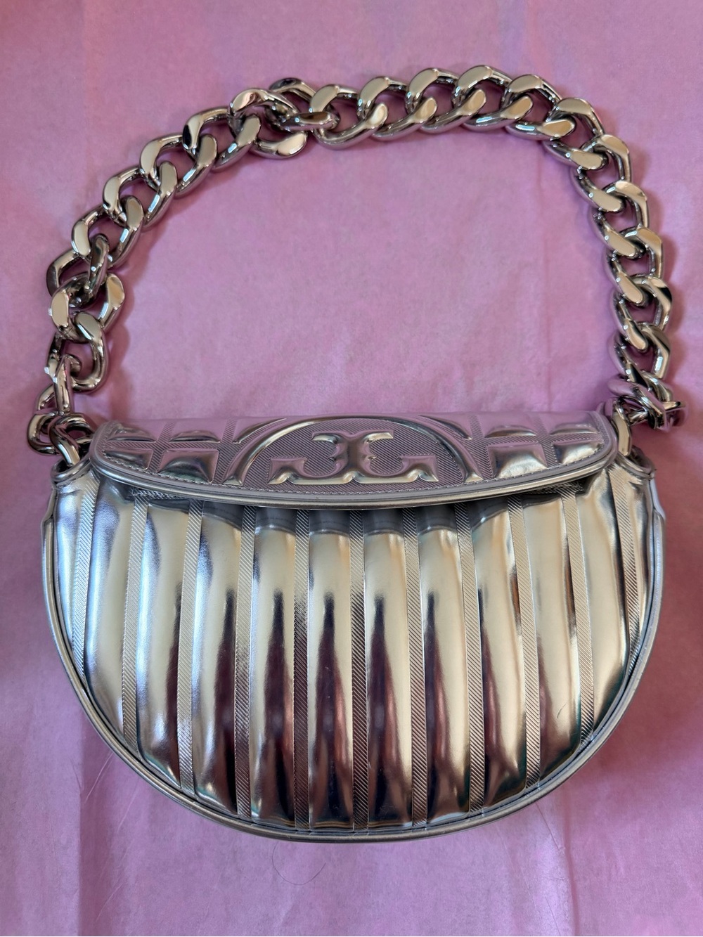 Tory Burch Metallic Silver Quilted Half-Moon Shoulder Bag with Chain Strap